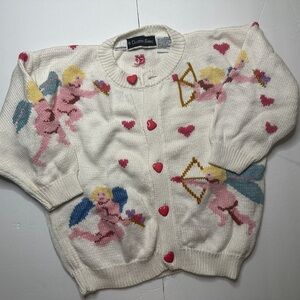 Vintage Christine Foley Cupid Angel Heart Button Up Knit Sweater Kids Medium
